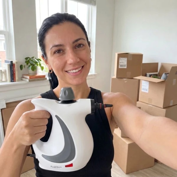 Cliente tenant son Flotty au milieu des cartons de déménagement