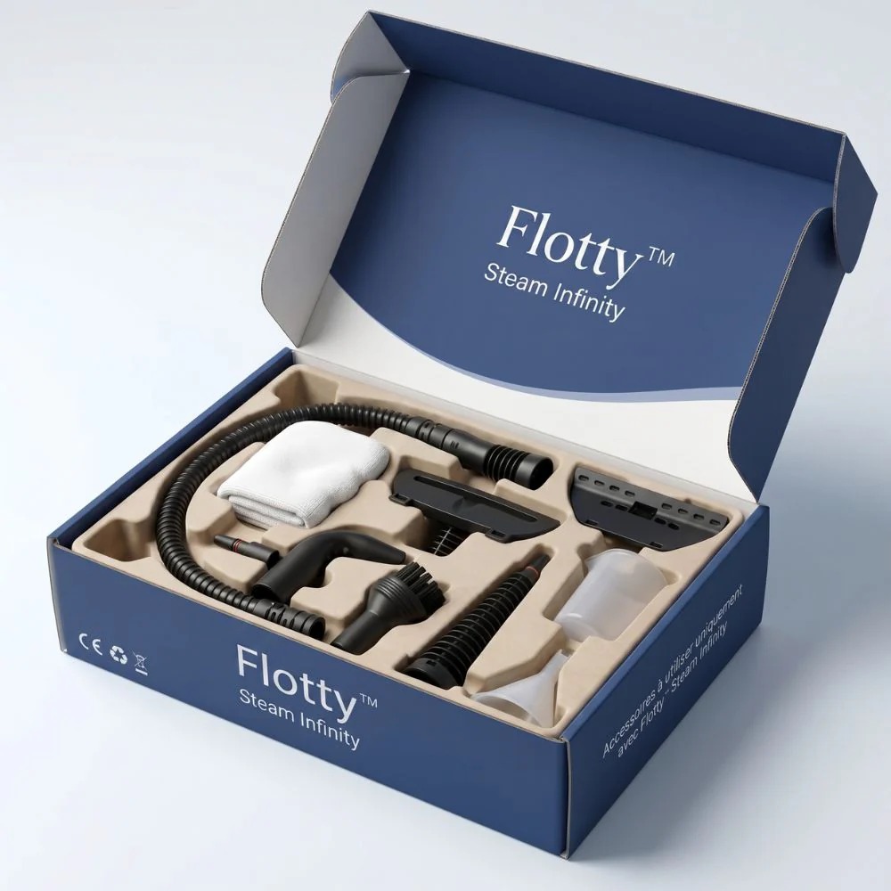 Le coffret d'accessoires Flotty Steam Infinity ouvert : flexible, buses, brosses, patin microfibre et entonnoir